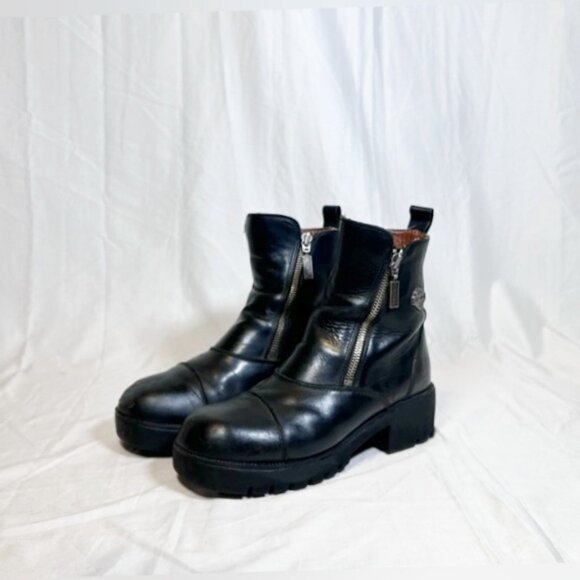 Vintage Y2K Harley Davidson Womens Black Leather Chunky Zip Ankle Boots~8~ - Picture 1 of 7